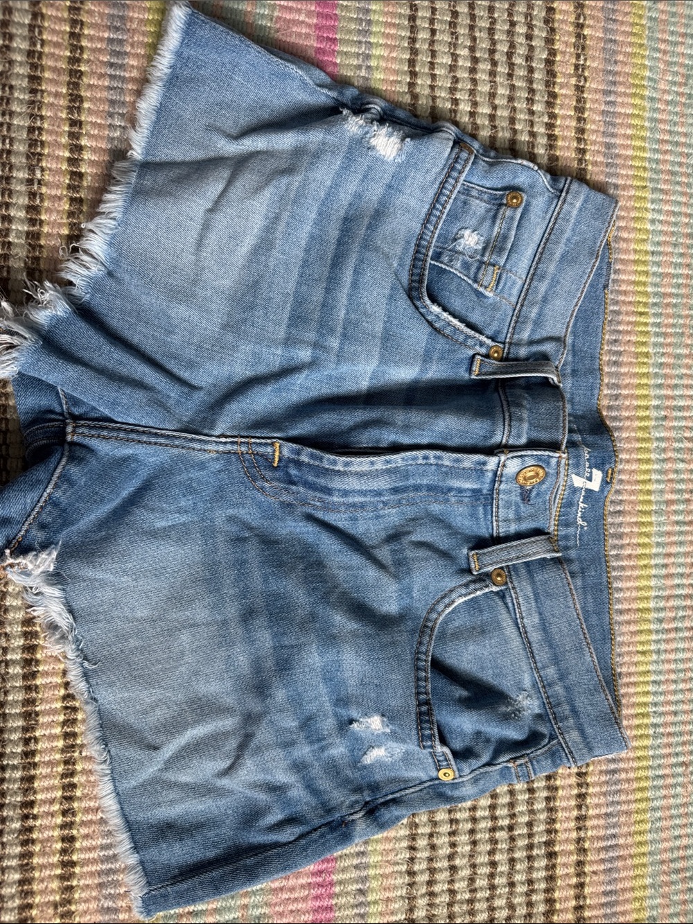 7 For All Mankind Light Blue Denim Shorts with Contrast Stitching